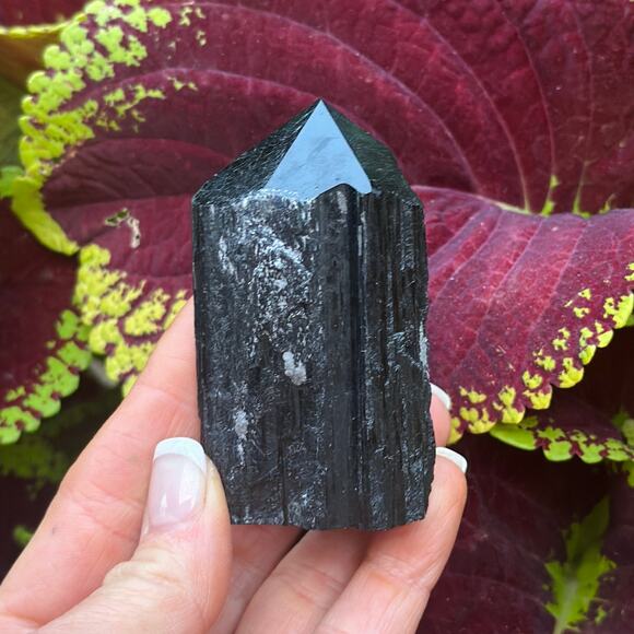 Black Tourmaline Polished Point w Rough Flat Base: 156g - Selection: E - Picture 4 of 8